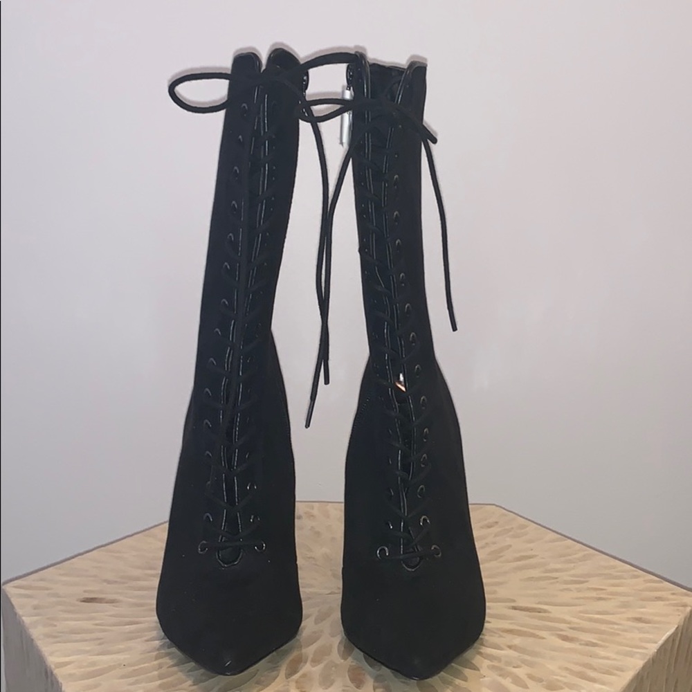 Black faux suede lace up booties